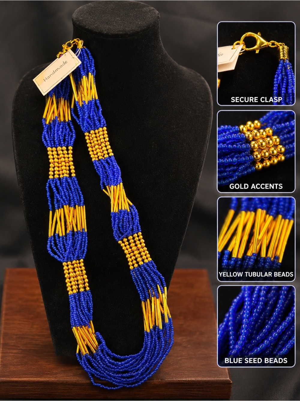 Gerald Miller Colbalt Blue & gold Beaded Statement Necklace with Gold Accents